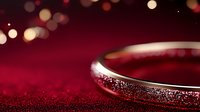 Elegant silver ring with sparkles on dark red velvet background with bokeh lights, romantic jewelry photography for wedding and engagement announcements.