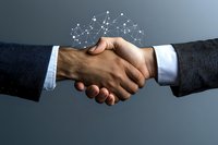 Business handshake with digital network connections symbolizing partnership, collaboration and professional agreement in corporate environment.