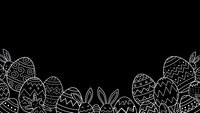 Easter eggs with decorative patterns and rabbit ears border on black background for holiday greeting cards and spring celebration designs.