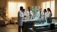 Diverse medical research team analyzing DNA structure hologram in modern laboratory discussing genetic breakthrough discoveries.