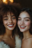 Two diverse young women with bright smiles and natural makeup pose together in warm lighting, showcasing genuine friendship and beauty for cosmetic and lifestyle content.