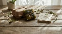 Natural handmade soap bars with herbs and eucalyptus leaves on rustic wooden table. Organic skincare products for spa and wellness treatments.
