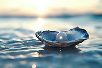 Pearl resting in open seashell on sandy beach at sunrise, surrounded by shallow ocean water and soft golden light, suitable for wellness and luxury branding.