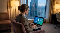 Woman in business casual attire working on laptop in high-rise hotel room with city skyline view, displaying security login screen for remote work and cybersecurity concepts.