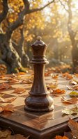Wooden chess queen piece on board surrounded by autumn leaves with golden sunlight filtering through trees creating warm atmospheric lighting.