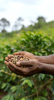 Farmer holding harvested coffee beans in hands over plantation field, agricultural production and crop cultivation.