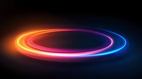 Glowing neon circle with vibrant gradient colors from orange to pink and blue, abstract light trail effect on dark background. Futuristic portal design element.