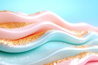 Abstract fluid waves in soft pink and mint colors with golden glitter accents create luxurious flowing pattern on pastel blue background. Modern artistic composition.