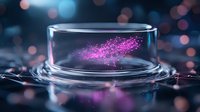 Glowing pink particles form abstract shape in glass container with rippling water surface against dark background with bokeh lights and reflections.