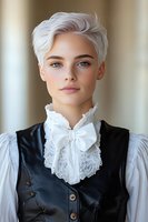 Young woman with platinum pixie haircut wearing vintage style black vest and white lace blouse with bow collar. Natural makeup and blue eyes create elegant portrait.