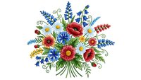 Colorful wildflower bouquet with daisies, poppies and lavender in folk art style isolated on white background for embroidery and textile design.