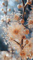 Delicate frozen winter flowers with ice crystals and frost in soft peach and blue tones, macro photography showing intricate natural patterns and morning light.