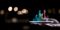 Glowing holographic city skyline floating above palm in dark environment with bokeh lights, futuristic smart city technology concept visualization.