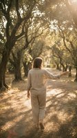 Woman walking peacefully through sunlit tree-lined path in golden hour light, reaching toward nature branch in serene outdoor setting for wellness content.