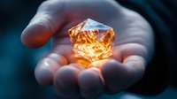 Glowing orange crystal gem held in palm against dark background, radiating warm light and magical energy, creating mystical atmosphere for fantasy concepts.