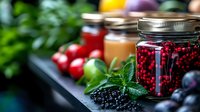 Fresh preserves and berries in glass jars on dark background with mint leaves and seasonal fruits, homemade canning and food preservation concept.
