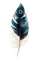 Elegant watercolor peacock feather in deep teal blue with gold accents on white background, suitable for luxury stationery and home decor.