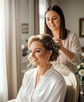 Professional hairstylist styling blonde bride hair with decorative pins in elegant bridal preparation room for wedding day getting ready session.