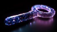 Glowing translucent key silhouette with sparkles and purple illumination on dark background creates mysterious atmosphere for security and access concepts.