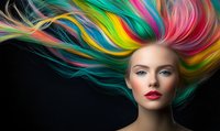 Vibrant rainbow-colored hair flowing dramatically against black background, showcasing bold fashion styling and creative hair coloring techniques for salon advertising.