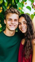 Young diverse couple smiling outdoors against green foliage and yellow flowers background. Hispanic woman with long dark hair and Caucasian man in casual wear.