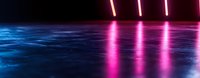 Futuristic neon pink vertical lights reflecting on dark wet surface with blue glow, creating modern minimalist cyberpunk atmosphere for background design.