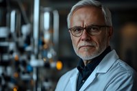 Senior male scientist in white lab coat and glasses looking confidently at camera against blurred laboratory background with scientific equipment.