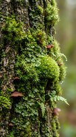 Green moss and small ferns growing on tree bark in forest creating natural textured pattern for environmental and botanical design projects.