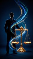 Professional male lawyer silhouette with golden scales of justice and flowing blue energy waves on dark background for legal services branding.