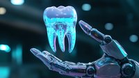 Futuristic robotic hand holding glowing transparent tooth model with visible roots and structure against dark background with blue lights.