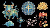 Colorful Chinese New Year ox zodiac clipart set isolated on transparent background, ready for t-shirt design, stickers, sublimation, and print on demand use.