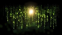 Digital matrix code rain with glowing green binary numbers cascading down dark background with bright central light source for technology concepts.