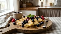Homemade crepes with fresh berries and coffee on wooden plate in cozy kitchen setting. Morning breakfast meal with blueberries and raspberries ready to serve.