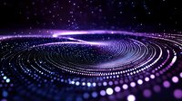Glowing spiral pattern of luminous dots and lines creating dynamic wave effect in dark space with purple and blue light trails for technology backgrounds.