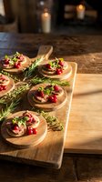 Gourmet appetizers with cranberries and herbs on wooden serving board in rustic kitchen setting for holiday entertaining and fine dining presentations.