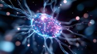 Glowing neuron cell with electric synapses and neural connections in dark space with bokeh lights for medical research and neuroscience education.