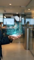 Businessperson holding glowing digital hologram with data analytics, charts and network connections in modern office environment for technology and innovation concepts.