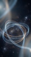 Abstract glowing energy rings floating in cosmic space with stars and light beams creating futuristic digital art composition for technology designs.