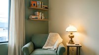 Cozy reading corner with green armchair, wooden shelves, warm lamp lighting and neutral curtains creating comfortable home interior space.