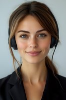 Young Caucasian woman with blue eyes and freckles wearing headphones and black blazer smiles confidently at camera. Professional portrait against light background.