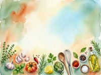 Watercolor cooking ingredients and kitchen utensils arranged on white background with fresh vegetables, herbs, spices, and culinary tools for food preparation and recipe design projects.