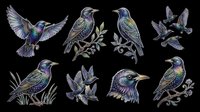 Iridescent starling birds clipart set isolated on transparent background, ready for t-shirt design, stickers, sublimation, and print on demand projects.