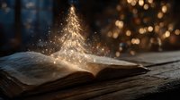 Magical Christmas tree emerging from open book with golden lights and sparkles on wooden table creating enchanting holiday storytelling atmosphere.