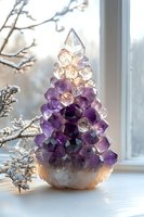Amethyst crystal cluster formation with clear quartz points on windowsill, illuminated by natural light creating magical glow through purple gemstone structure.