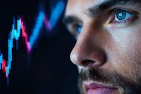 Close-up profile of young caucasian male trader watching financial market chart with neon blue and pink candlestick pattern reflection in dark setting.