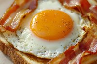 Macro shot of sunny side up egg with crispy bacon strips on toasted bread, seasoned with black pepper, showing vibrant yolk and textured details.