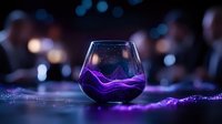 Elegant wine glass with purple liquid creating mesmerizing waves against dark bokeh background for luxury beverage and nightlife concepts.