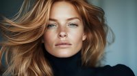 Close up portrait of young woman with freckles and flowing blonde hair wearing black turtleneck sweater against blurred teal background. Natural beauty concept.