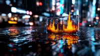 Glass of whiskey with glowing audio wave visualization on wet city street at night, reflecting neon lights and bokeh effects in dramatic urban setting.