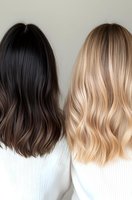 Contrasting dark brunette and blonde wavy hairstyles shown from behind, demonstrating different hair coloring techniques and modern cut styles in white sweaters.